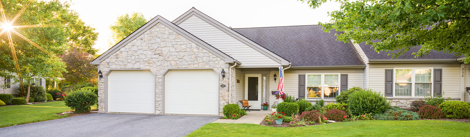 A retirement community, townhome style with double garage and beautiful;l landscaping